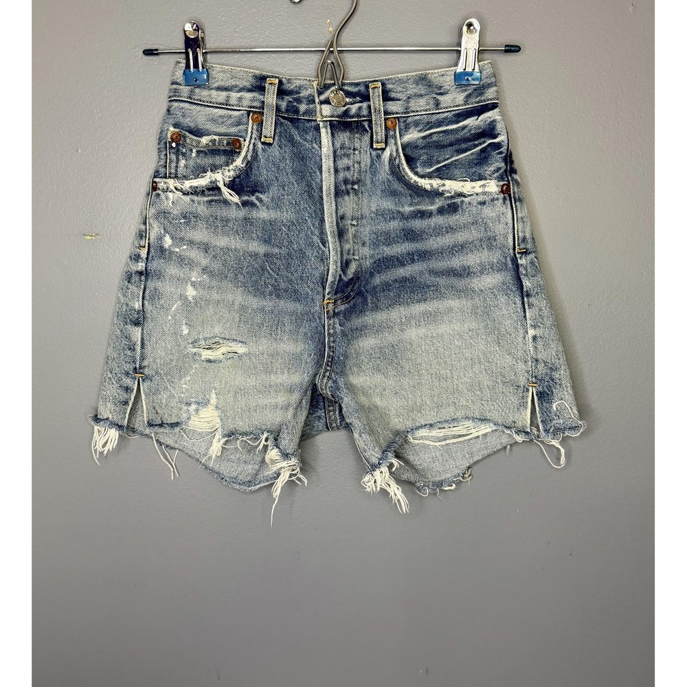 AGOLDE Dee Short Denim Shorts Womens 23 Blue Distressed Raw Hem High Rise